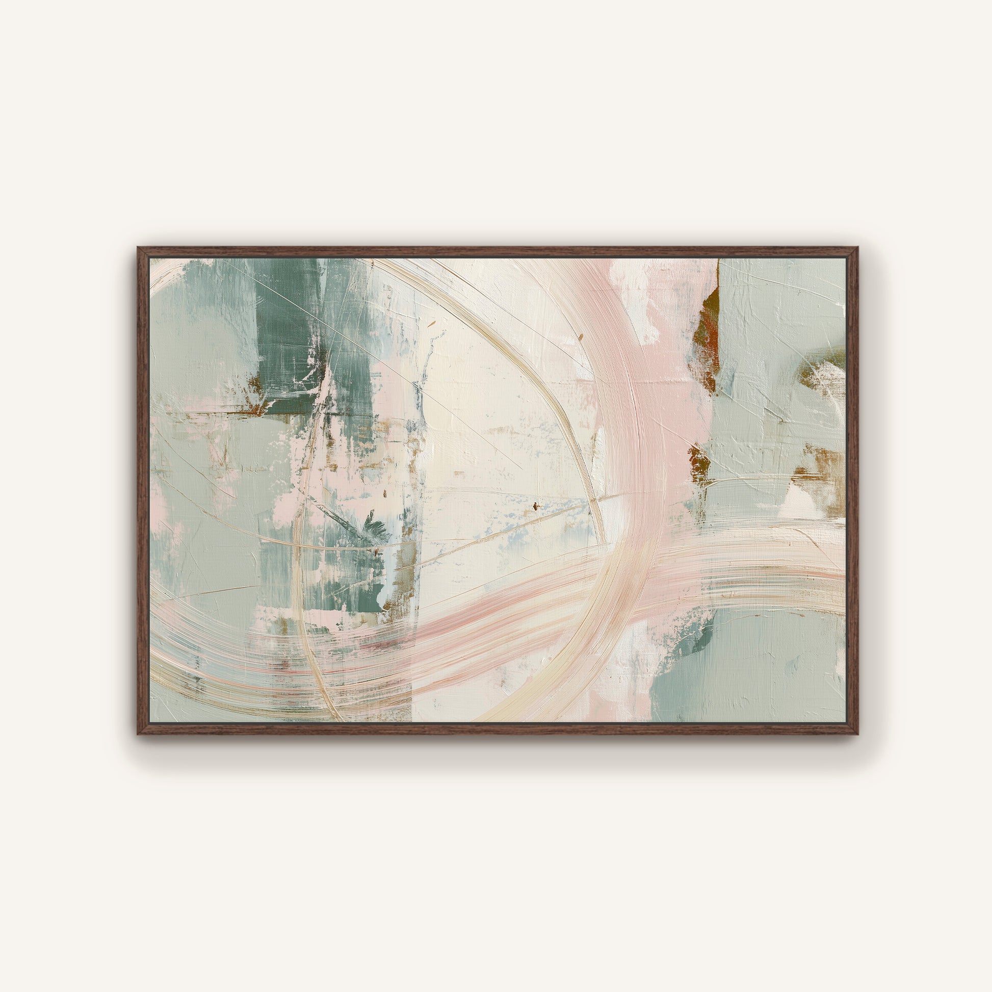 The image is a framed abstract painting with a predominantly light green and white color palette. The painting features various brushstrokes and textures, creating a dynamic and visually interesting composition.