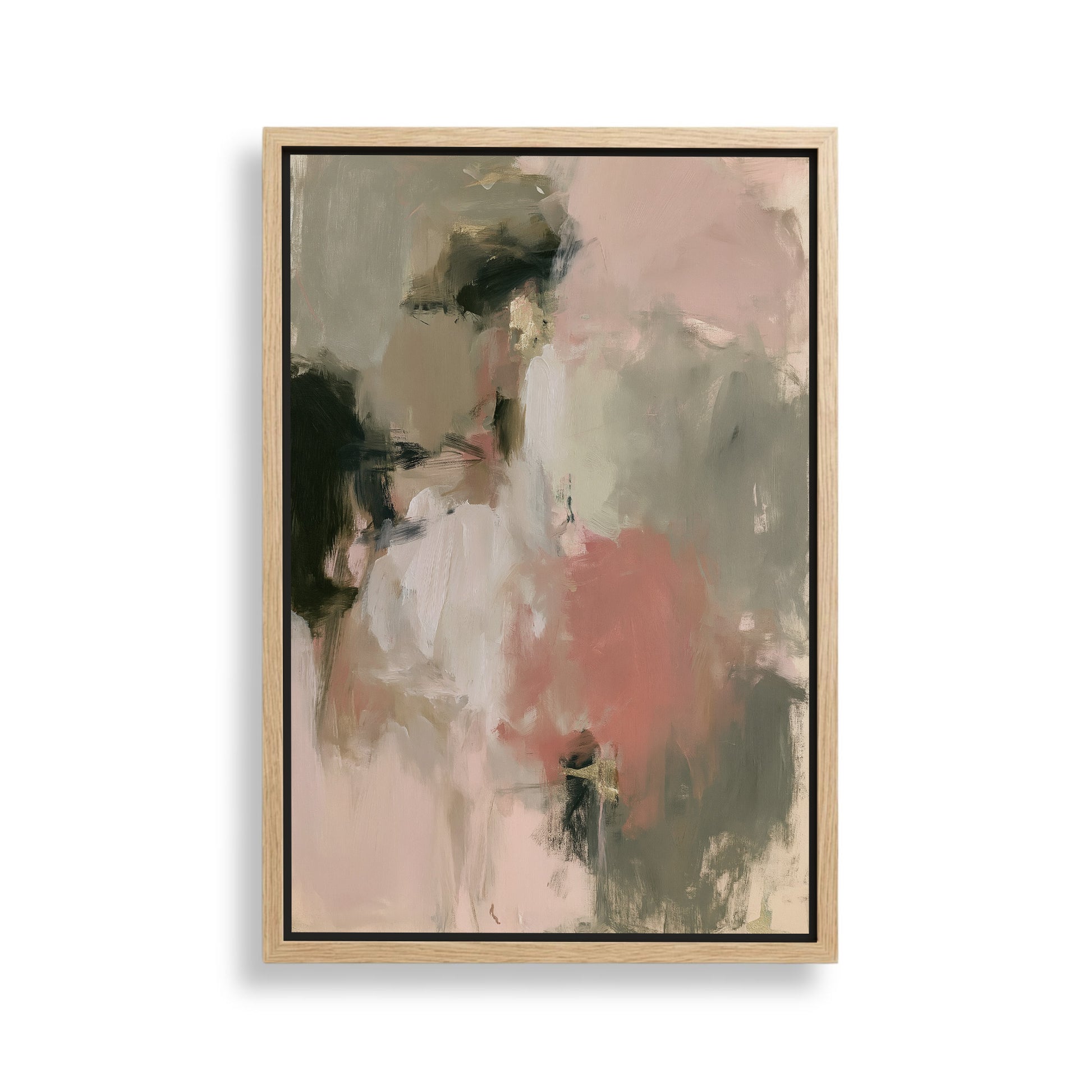 The image is an abstract painting with a mix of pink, green, and black colors.