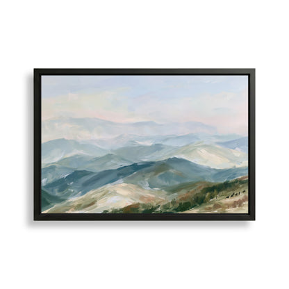 The image is a framed painting depicting a mountainous landscape with rolling hills and a hazy, blue sky.