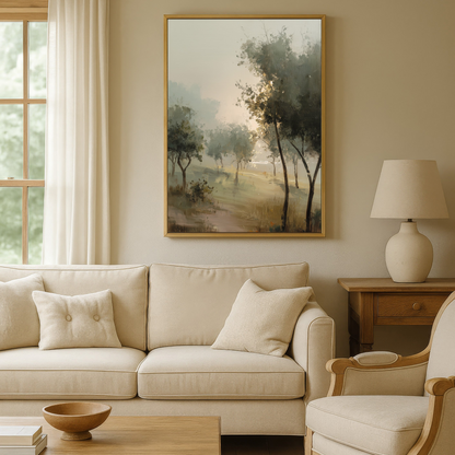 a cozy living room with a large painting of trees hanging on the wall above a beige sofa and armchair. The room has a warm, inviting atmosphere with a wooden coffee table and a lamp on a side table.