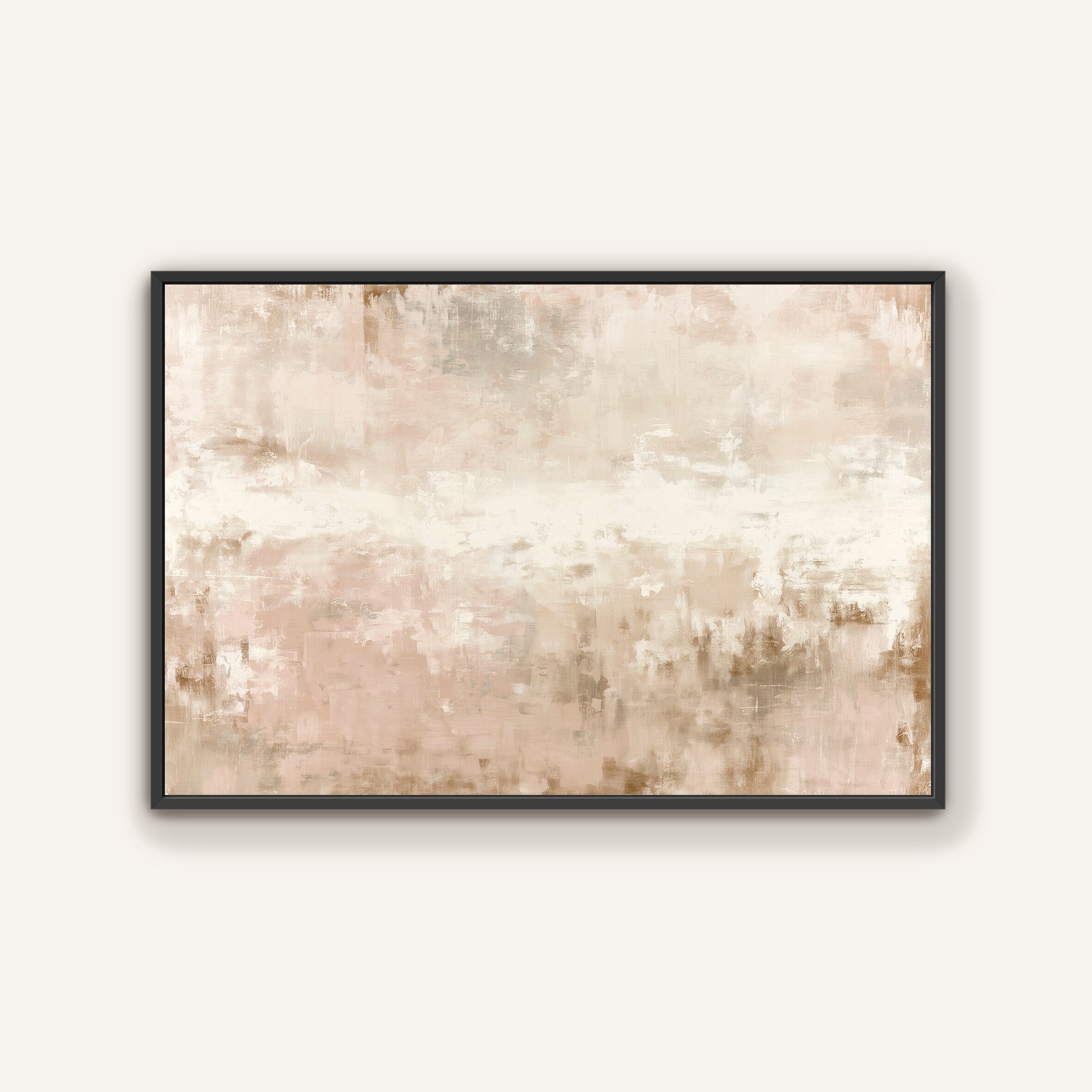 The image is a framed abstract painting with a light beige and brown color palette.