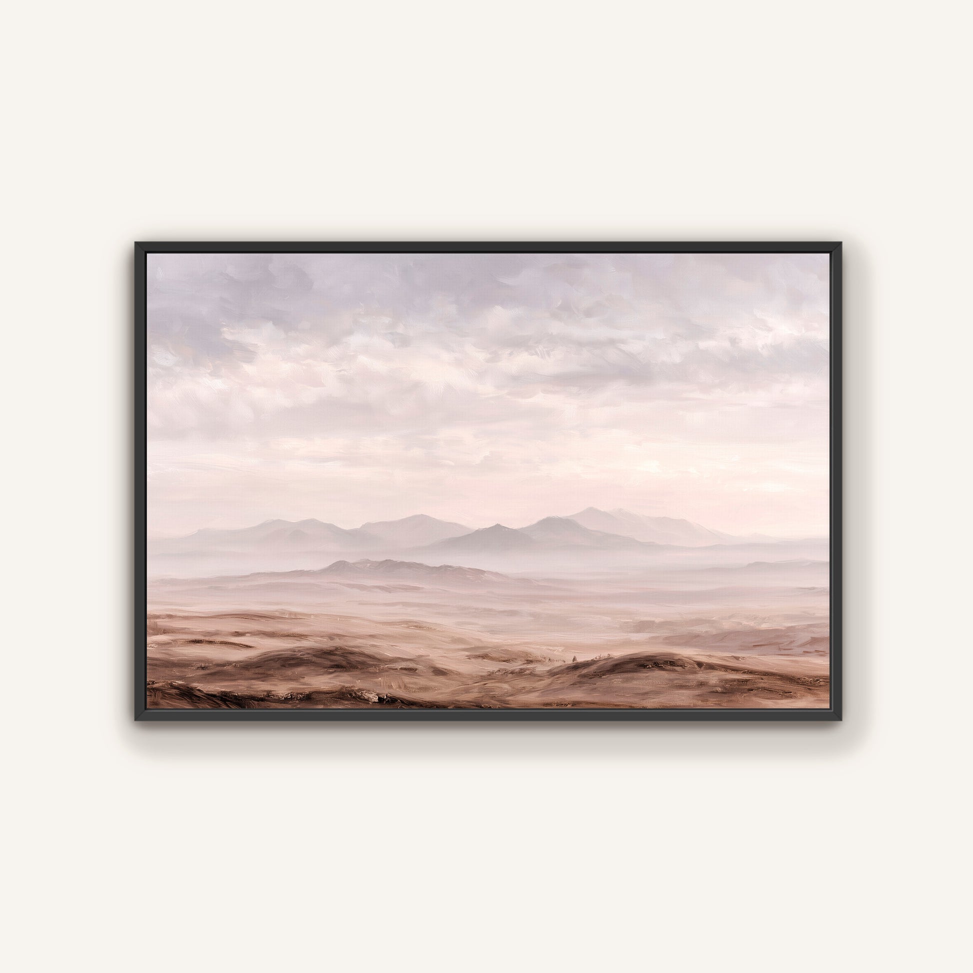 a vast, barren landscape with rolling hills and mountains in the distance, under a cloudy sky.