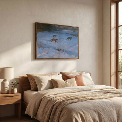 a serene bedroom scene with a large bed, a nightstand, and a framed painting of a snowy landscape with two foxes.