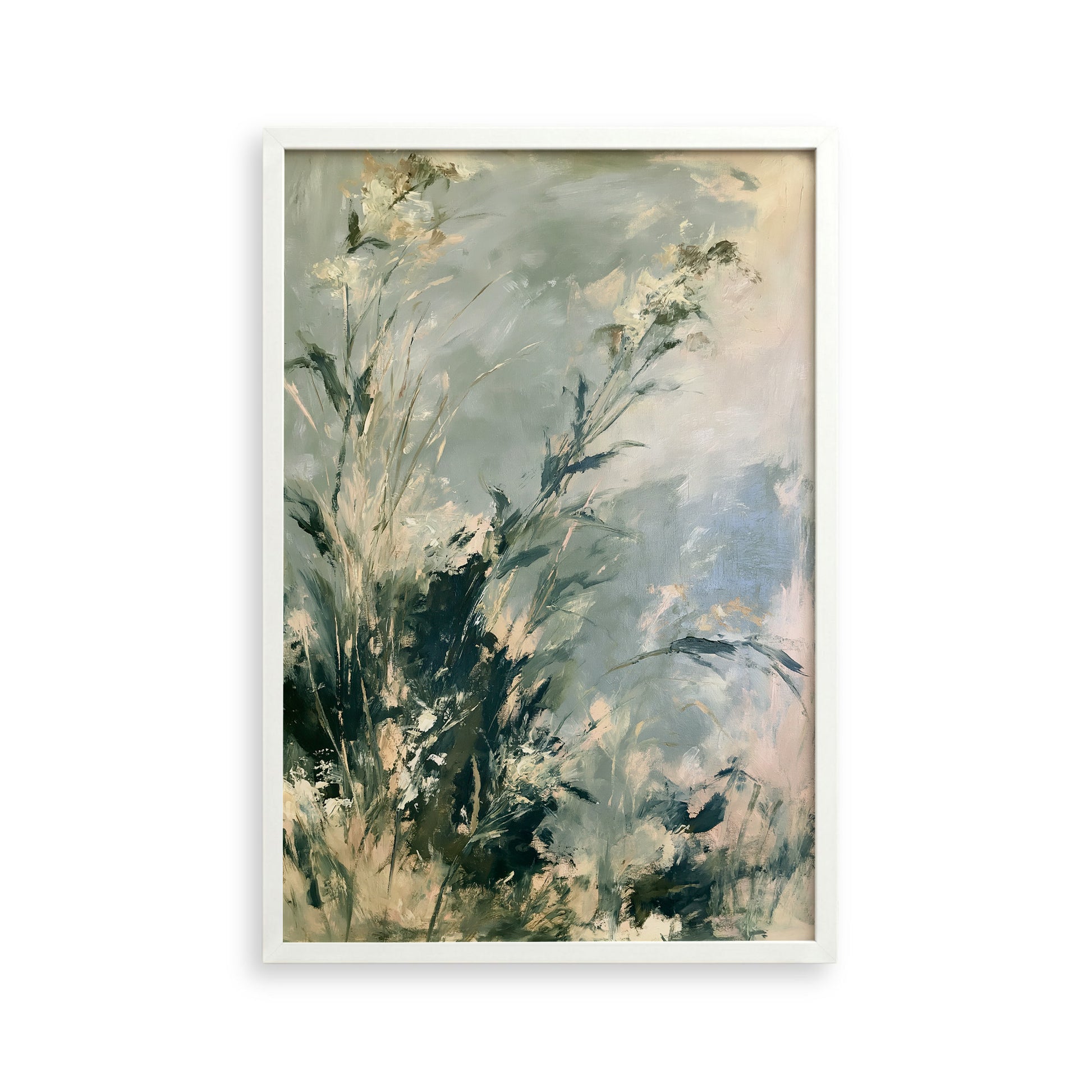 The image is an oil painting depicting a lush, green landscape with tall grasses and foliage.