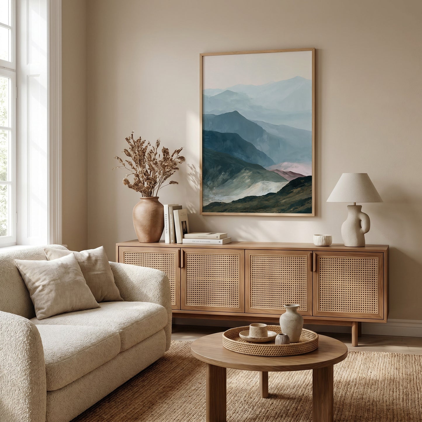 a cozy living room with a large framed landscape painting hanging on the wall above a wooden cabinet. The room is furnished with a beige sofa, a round coffee table, and a lamp on a side table. The overall decor has a warm and inviting atmosphere.