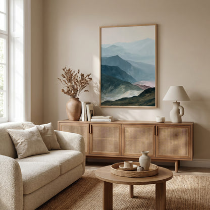 a cozy living room with a large framed landscape painting hanging on the wall above a wooden cabinet. The room is furnished with a beige sofa, a round coffee table, and a lamp on a side table. The overall decor has a warm and inviting atmosphere.