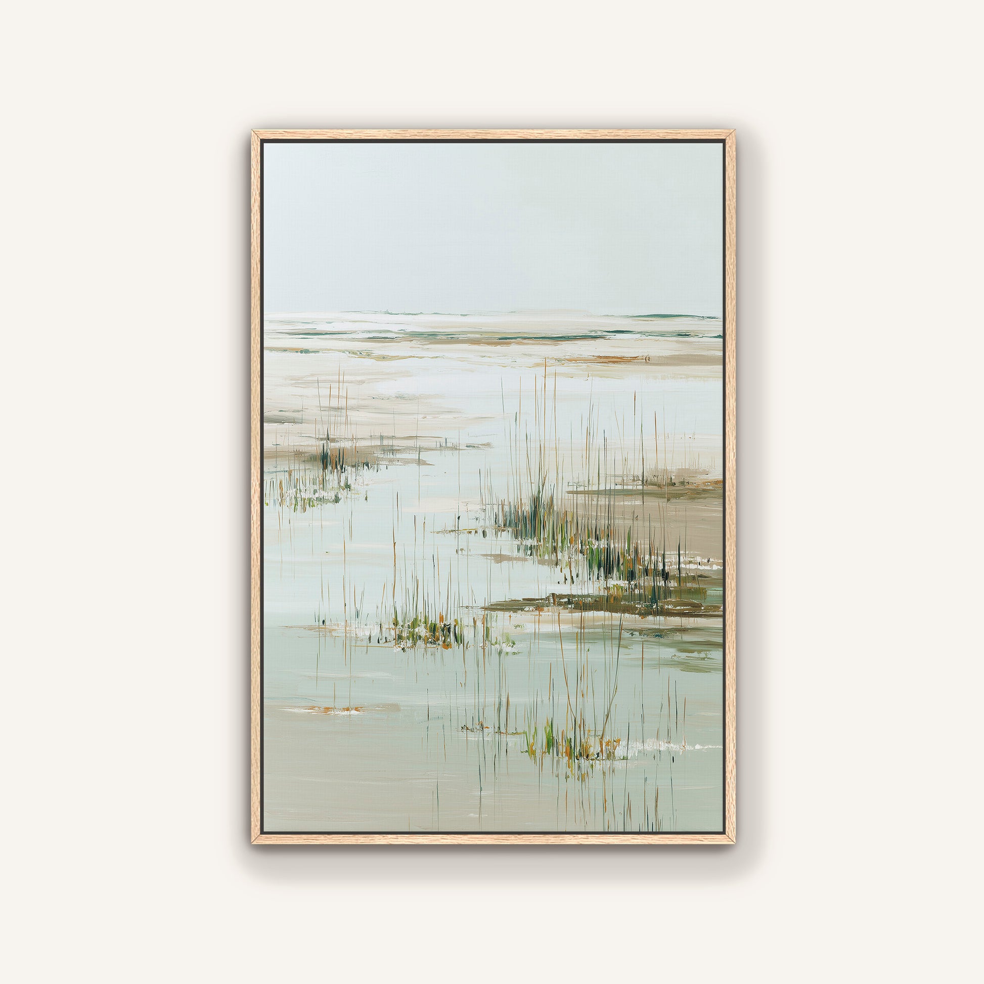 The image is a painting depicting a serene landscape with a body of water, possibly a lake or a pond, surrounded by tall grasses or reeds. The painting has a calming and peaceful atmosphere, with the colors predominantly being shades of green and gray.