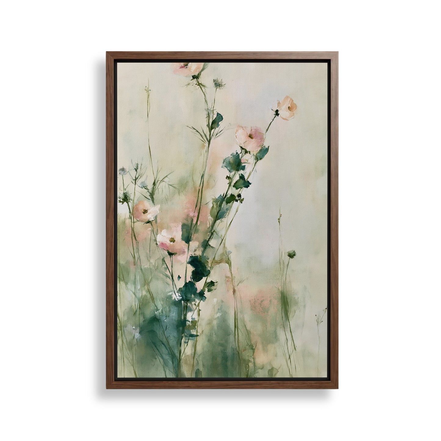 The image is a framed painting depicting a field of pink flowers with green stems and leaves.