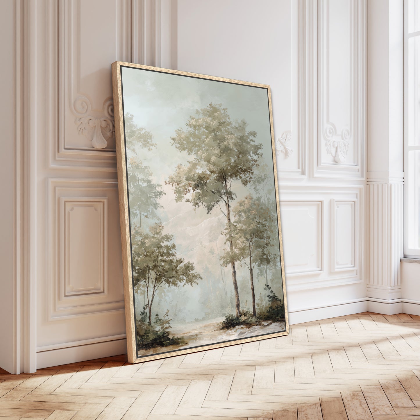 a large painting of a serene landscape with trees and a winding path, displayed on a white wall in a room with a wooden floor.