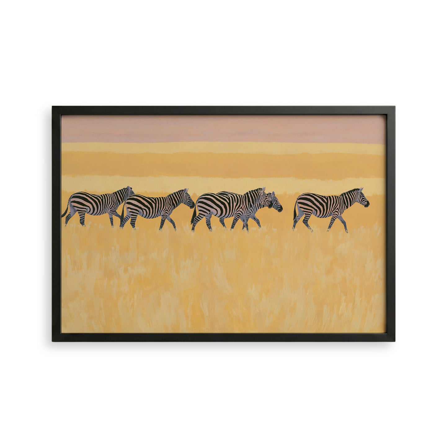 A framed painting depicting a group of zebras walking across a grassy field.