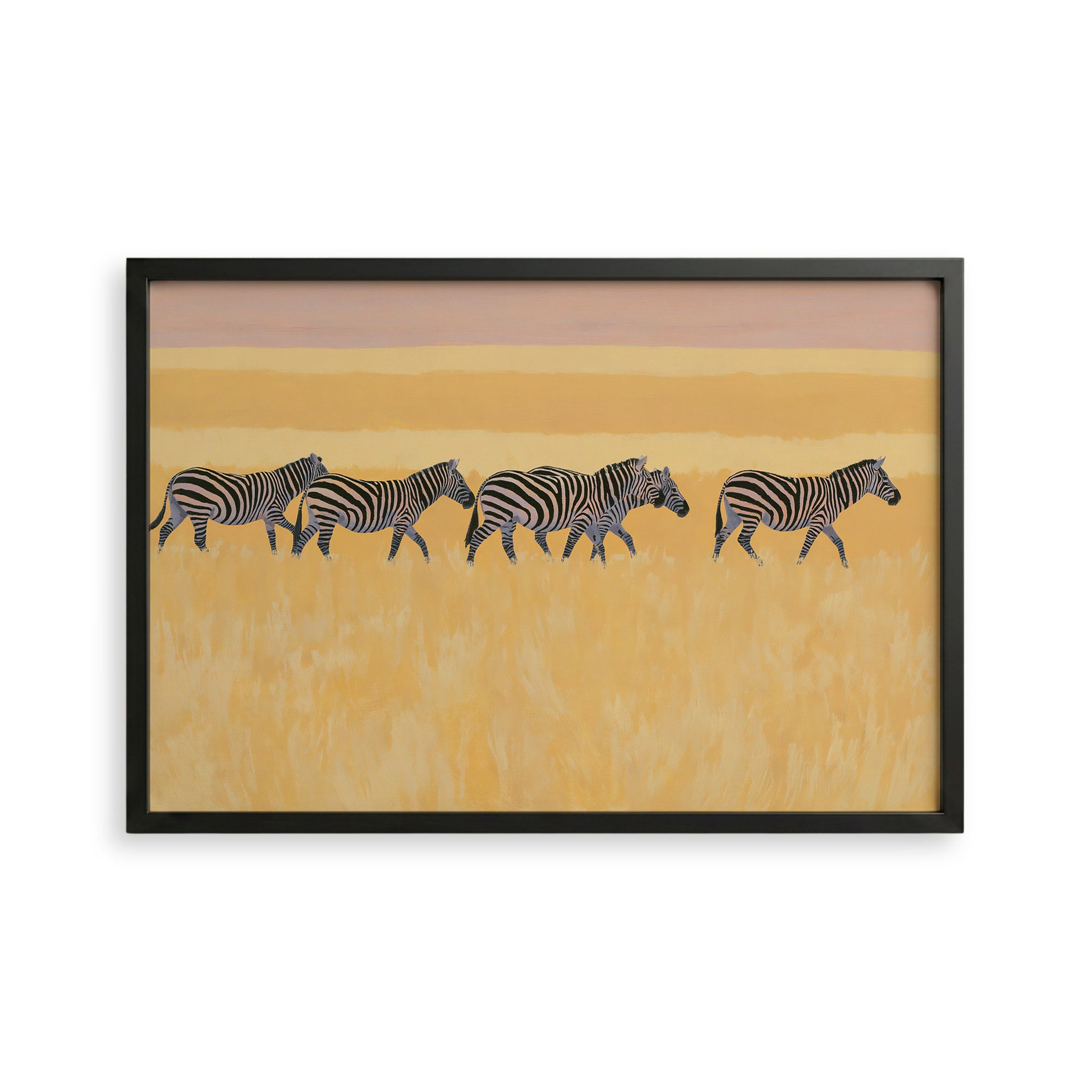 A framed painting depicting a group of zebras walking across a grassy field.