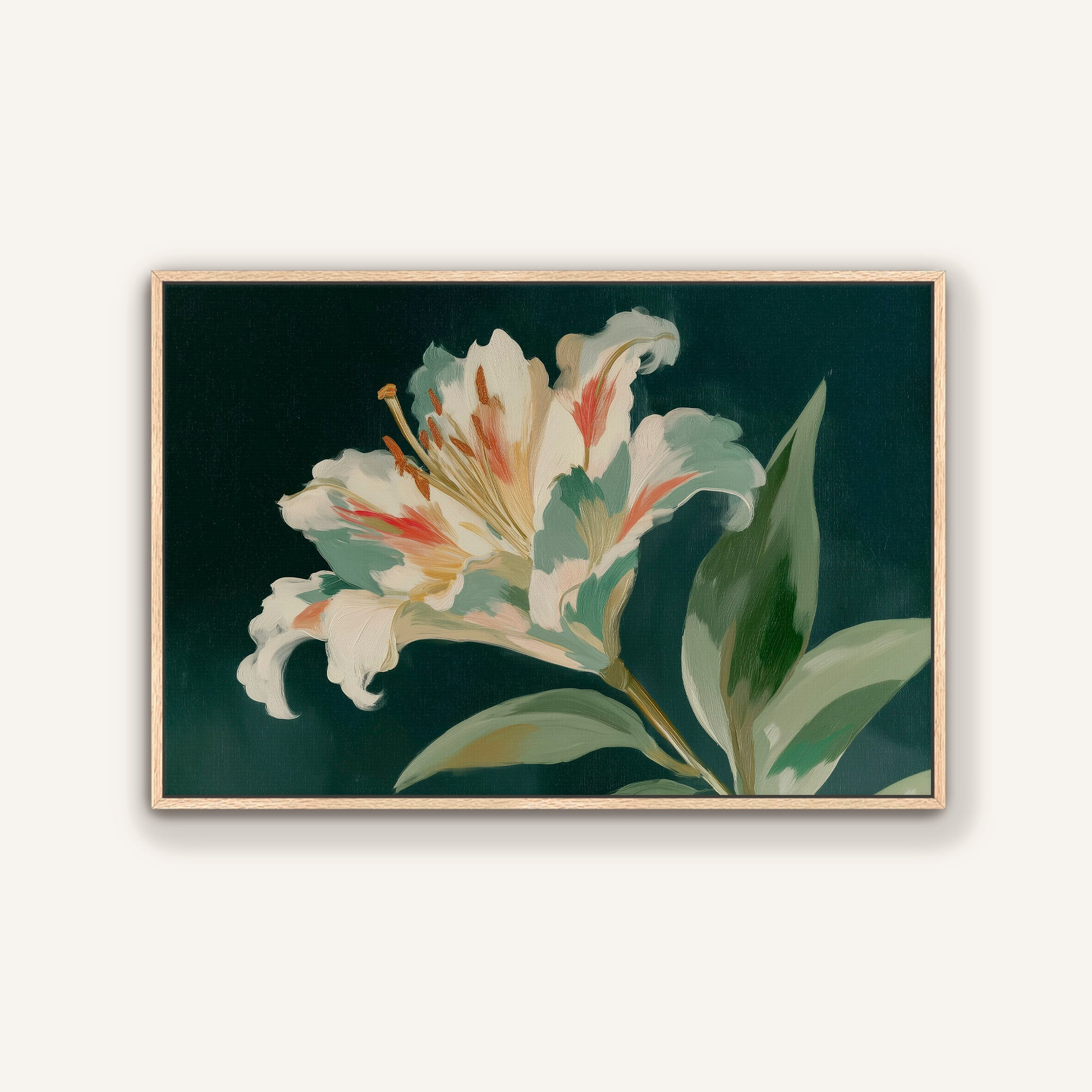 A framed painting depicting a large, vibrant lily flower with delicate petals in shades of white, green, and orange against a dark background.