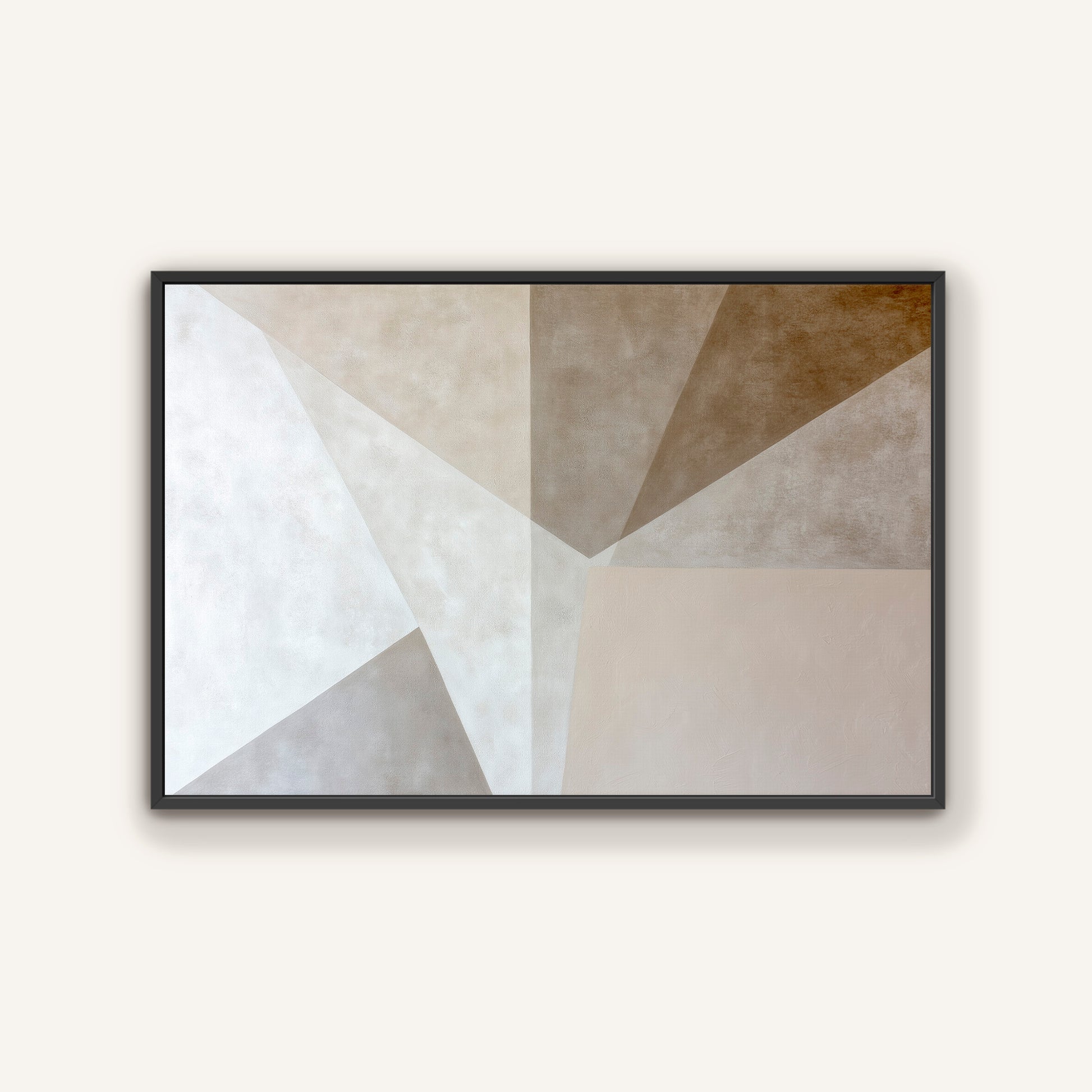 The image is a framed abstract artwork featuring a geometric design with various shades of brown and beige.
