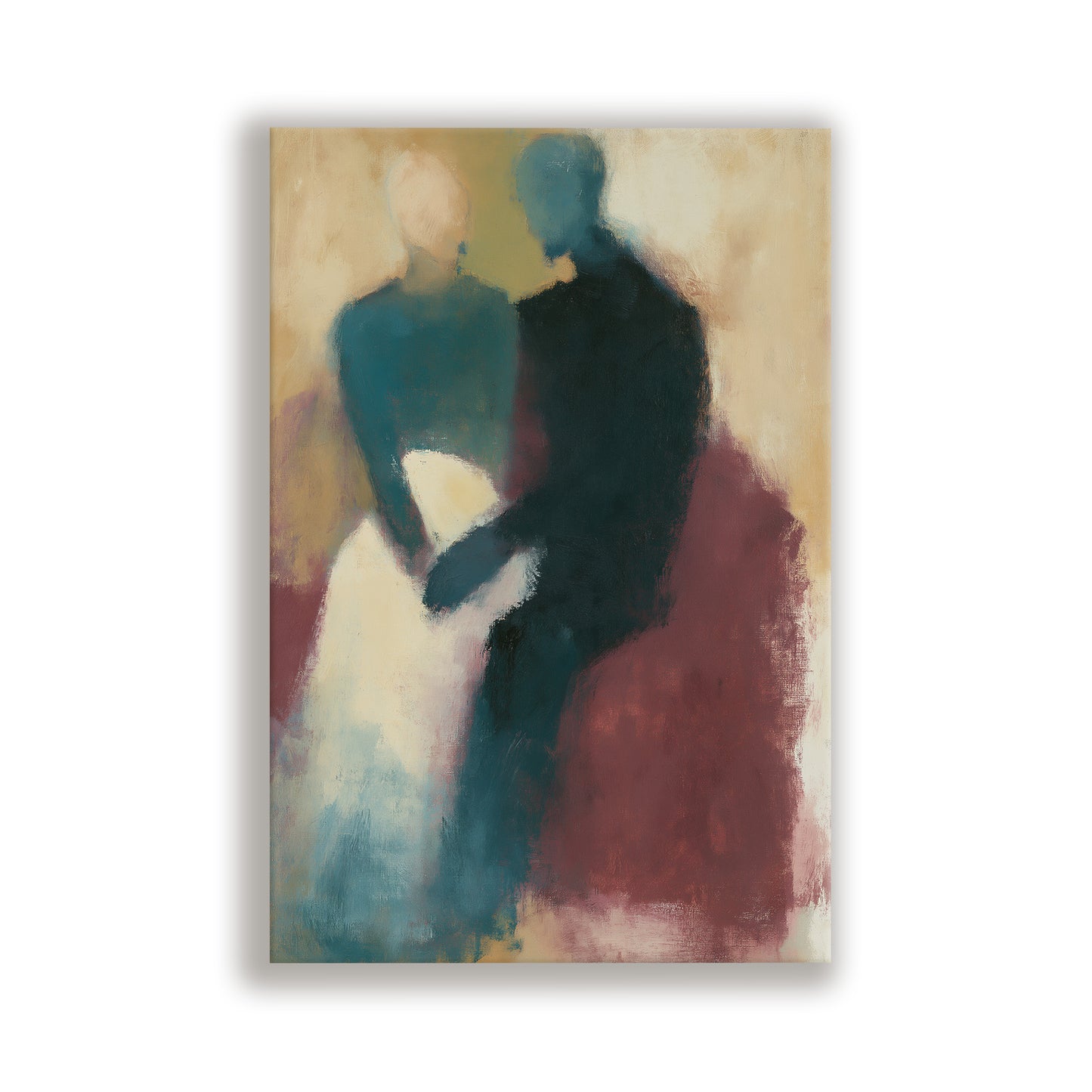 The image is an abstract painting featuring two figures, one in a blue dress and the other in a black suit, sitting together in a relaxed pose.