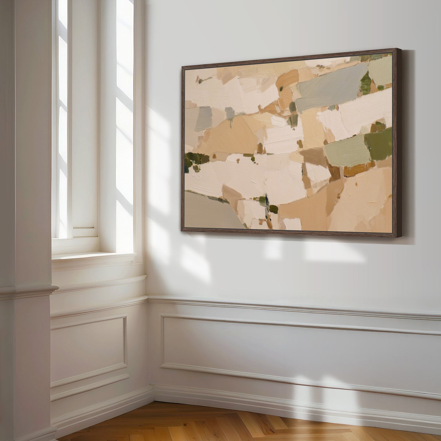 a large abstract painting hanging on a white wall in a room with a window.