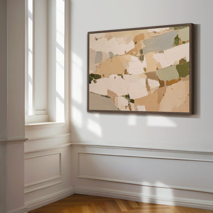 a large abstract painting hanging on a white wall in a room with a window.