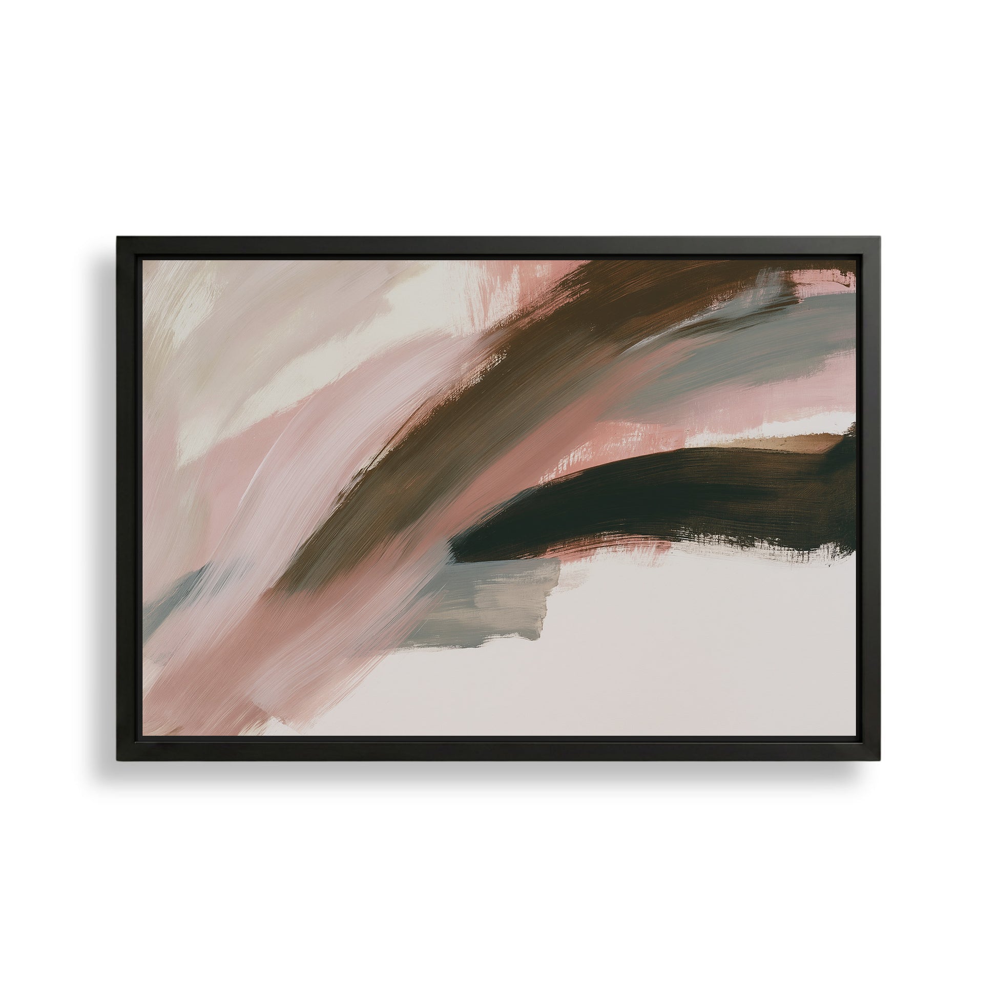 The image is a framed abstract painting with a mix of pink, brown, and gray colors.