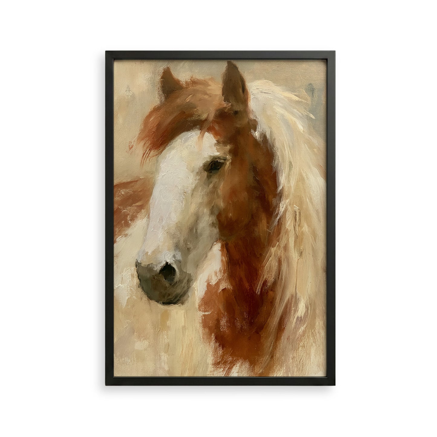 The image is a framed painting depicting the head of a horse, with a warm and earthy color palette.