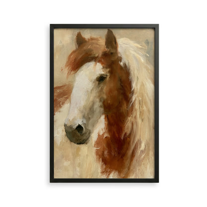 The image is a framed painting depicting the head of a horse, with a warm and earthy color palette.