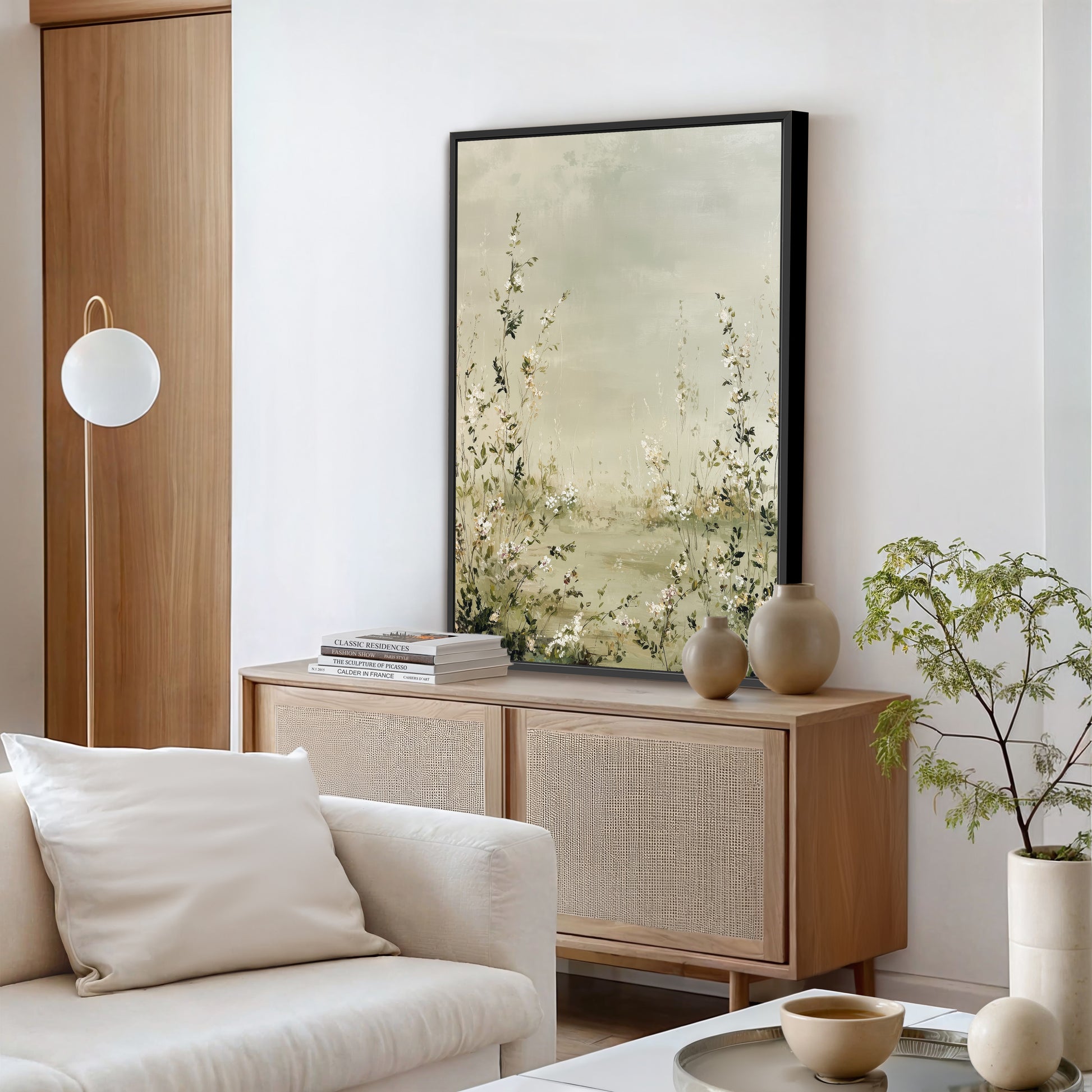 a modern living room with a large painting of flowers hanging on the wall above a wooden cabinet. The cabinet has two vases on top, and there is a white sofa in the foreground. The room also features a potted plant and a stack of books on a surface.