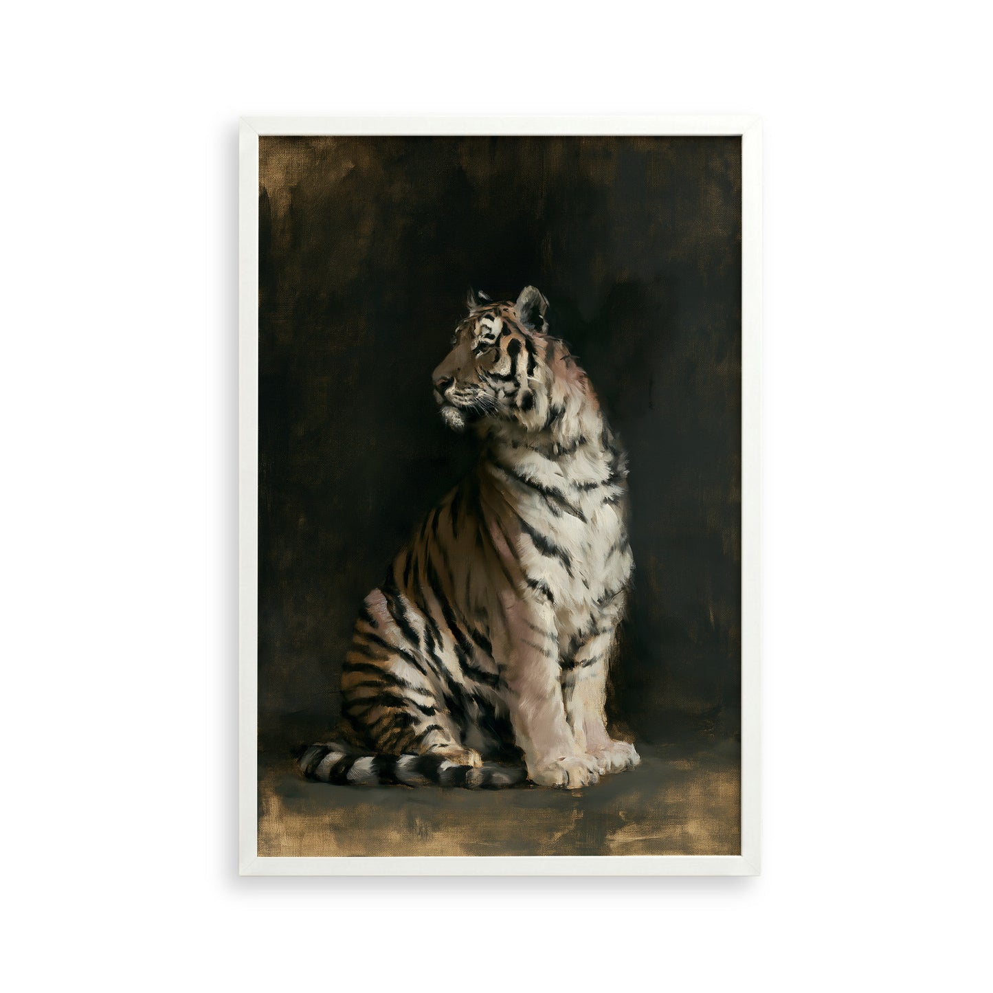 A tiger sitting on a dark background, facing to the right.