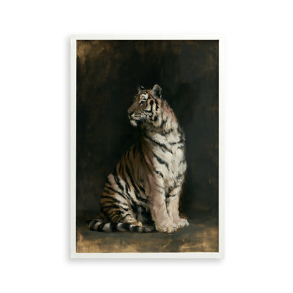 A tiger sitting on a dark background, facing to the right.