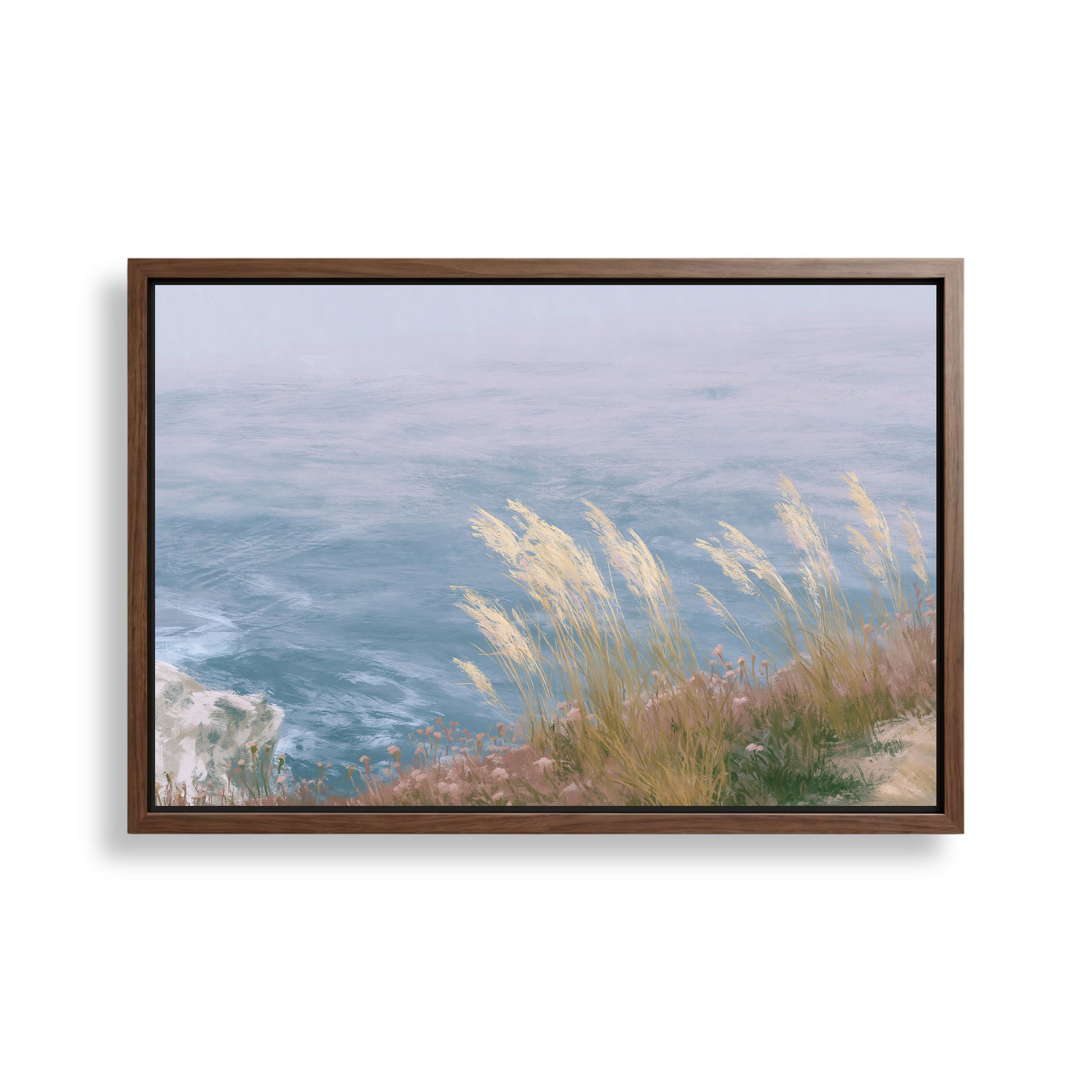a serene coastal landscape with a rocky cliff overlooking the ocean. The cliff is covered in tall grasses and flowers, creating a picturesque scene. The ocean is a deep blue color, with small waves visible on the surface. The overall composition of the image is balanced and harmonious, with the natural elements of the landscape and the ocean working together to create a tranquil and visually appealing scene.