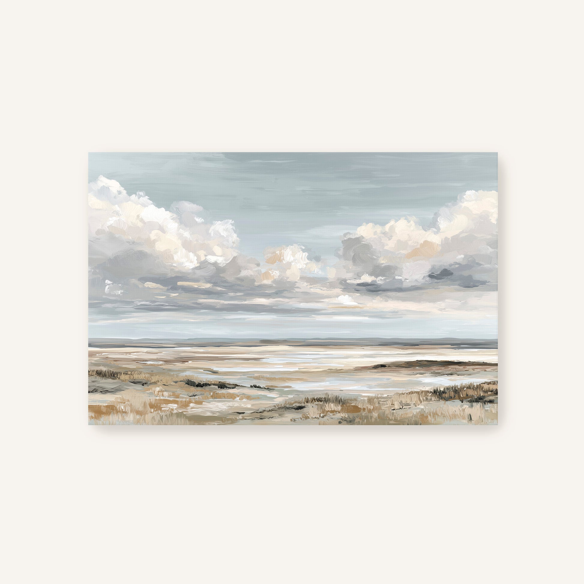 a serene landscape with a vast expanse of sky and clouds, a calm body of water, and a grassy field in the foreground.