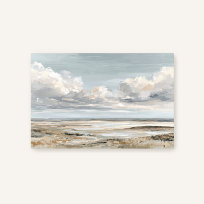 a serene landscape with a vast expanse of sky and clouds, a calm body of water, and a grassy field in the foreground.