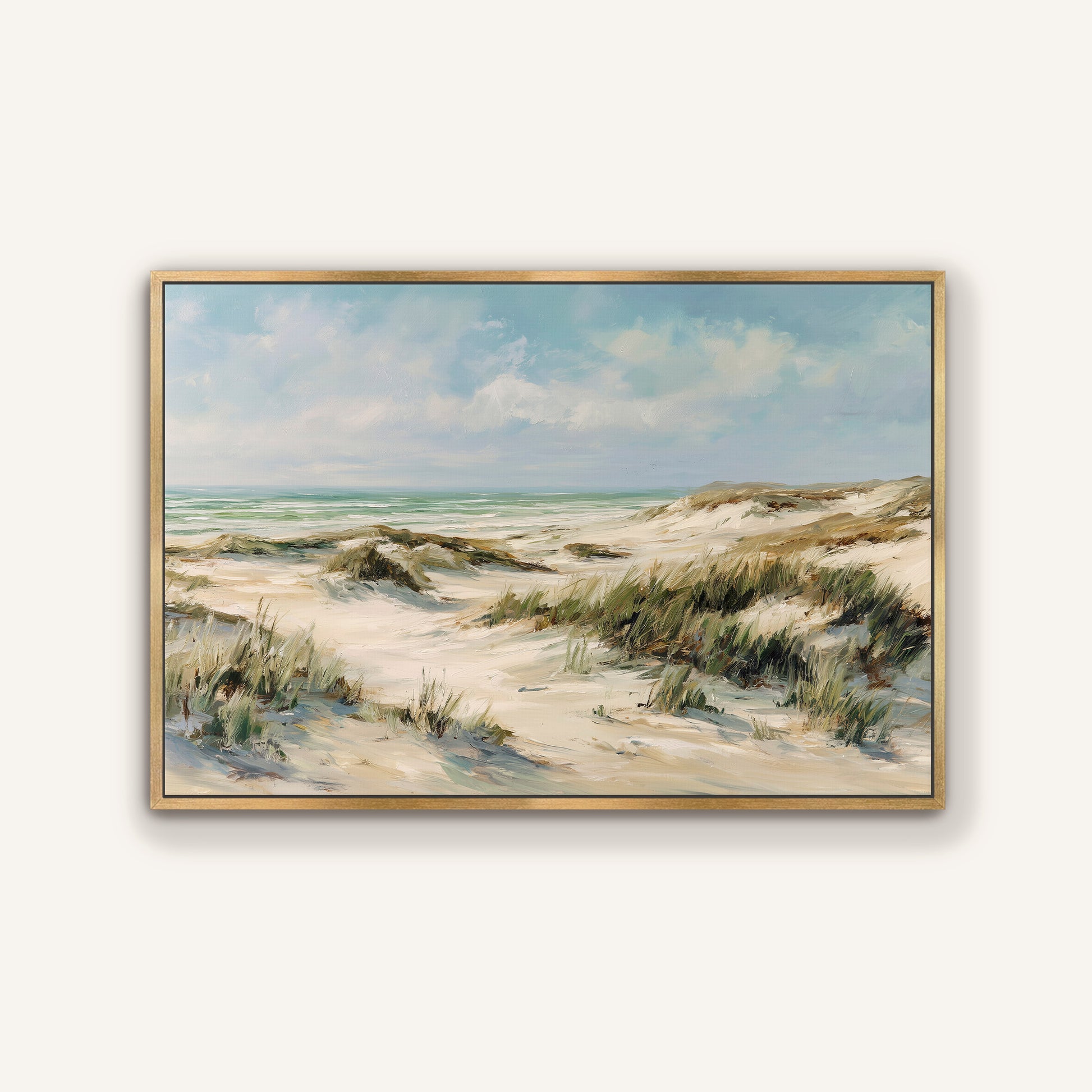 Serene coastal dunes beach canvas print with gold frame