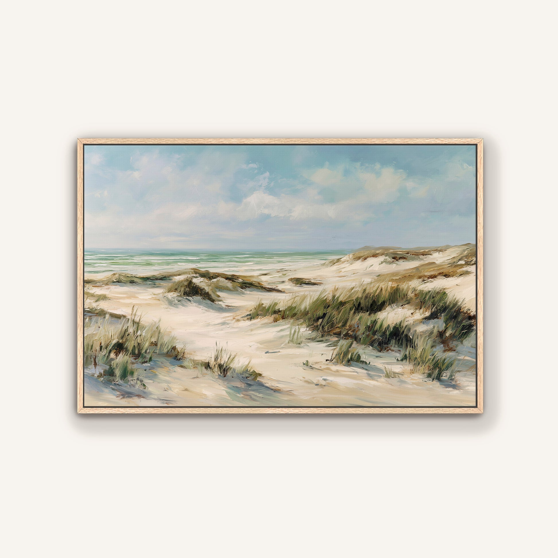 Serene coastal dunes canvas print with light wood frame, beach wall decor