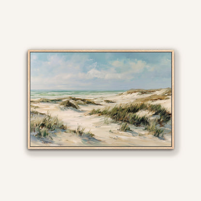 Serene coastal dunes canvas print with light wood frame, beach wall decor