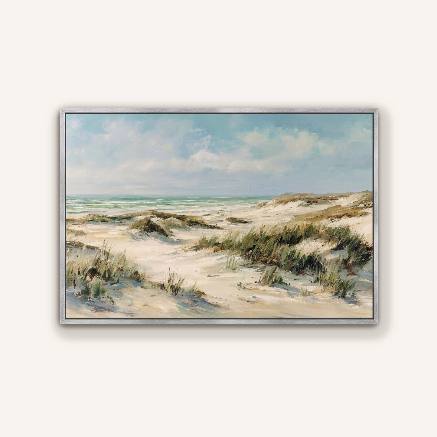 Coastal dunes beach canvas print with silver floating frame