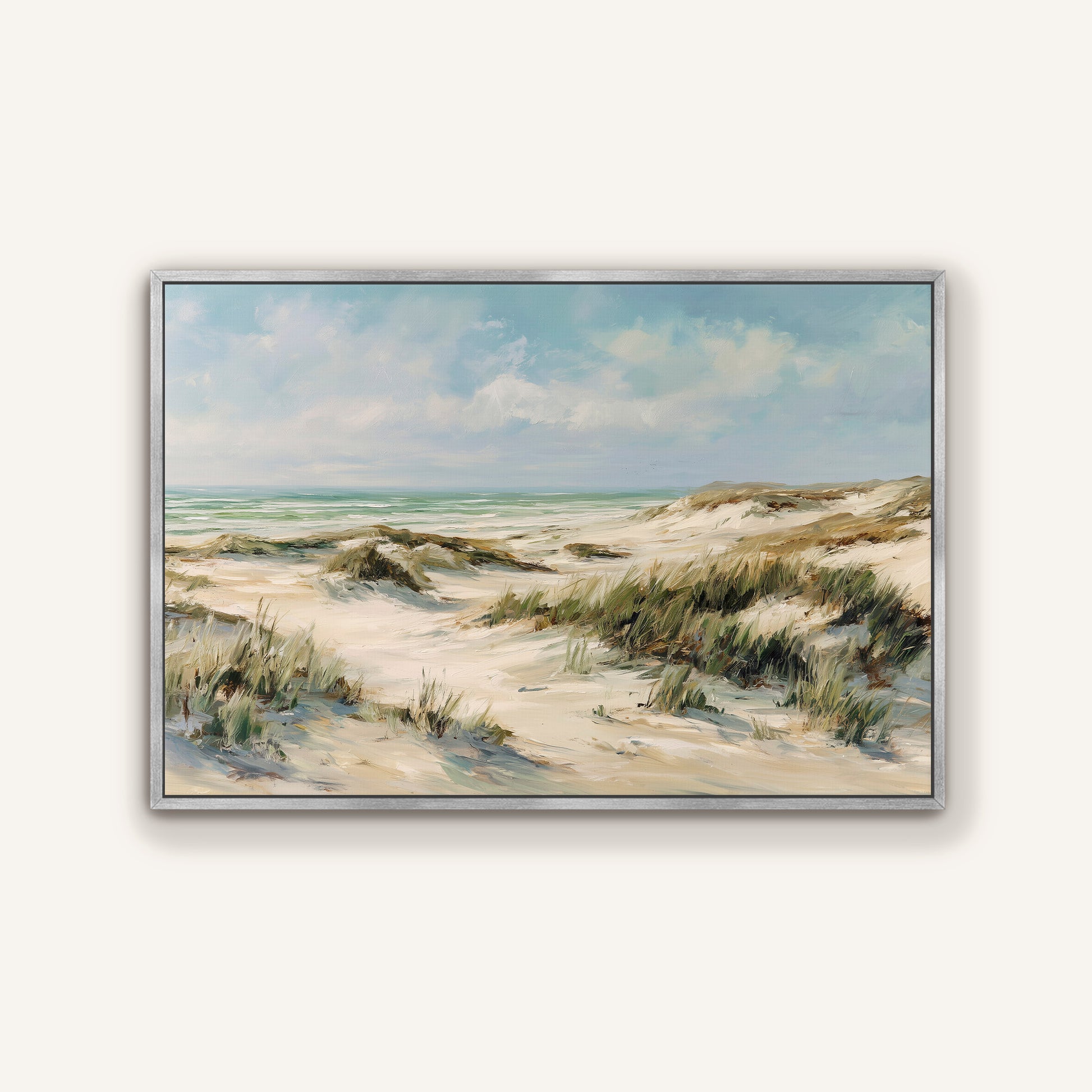 Coastal dunes beach canvas print with silver floating frame