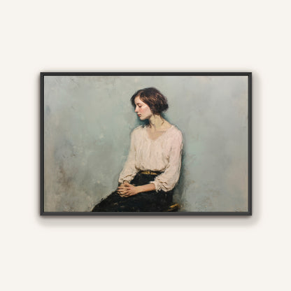 Contemplative seated woman portrait framed in sleek black wood, designed for bold modern interiors.