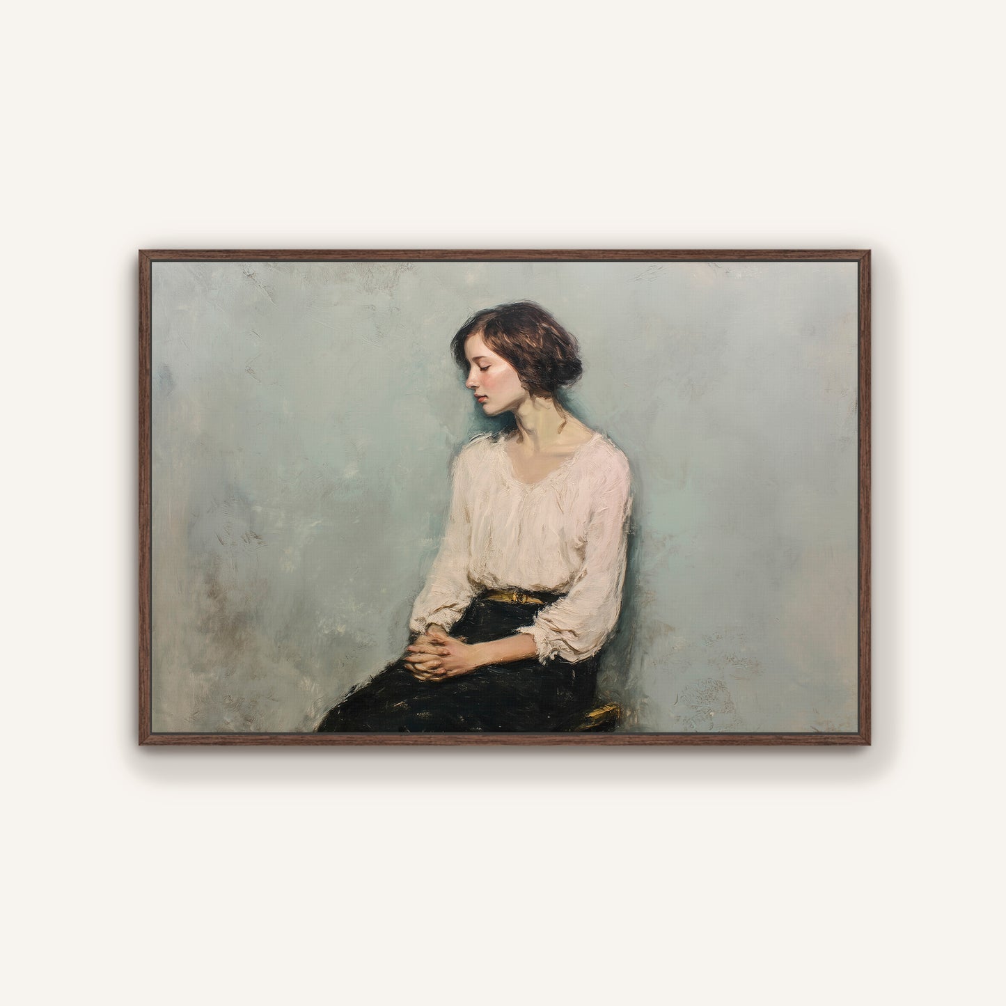 Classic contemplative portrait in rich espresso frame, subtle and timeless wall decor.
