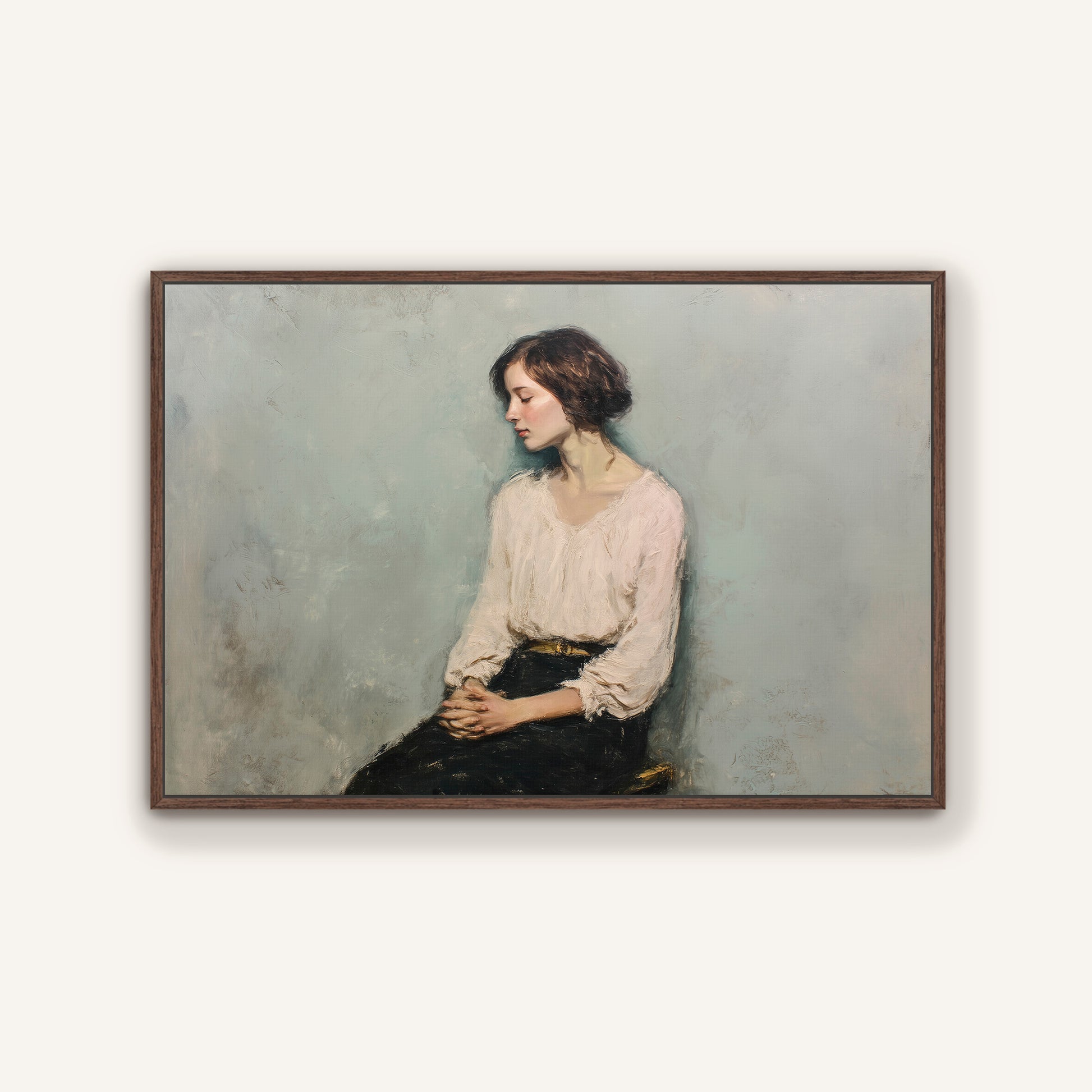 Classic contemplative portrait in rich espresso frame, subtle and timeless wall decor.