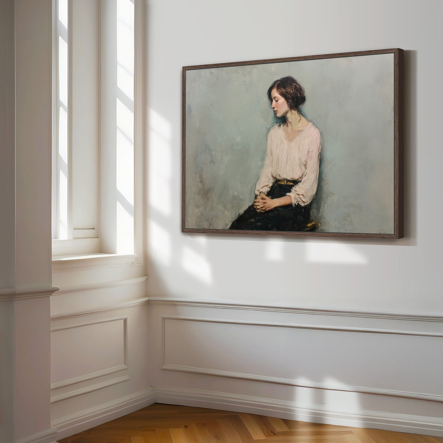 Moody portrait of seated woman in a deep espresso brown frame, styled in a classic sunlit room.