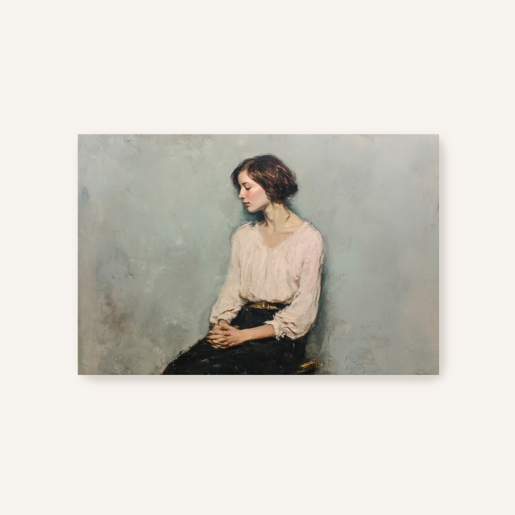Unframed canvas portrait of a seated woman with soft brushstrokes in ivory, black, and muted blue tones.