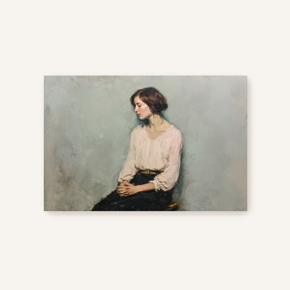 Unframed canvas portrait of a seated woman with soft brushstrokes in ivory, black, and muted blue tones.