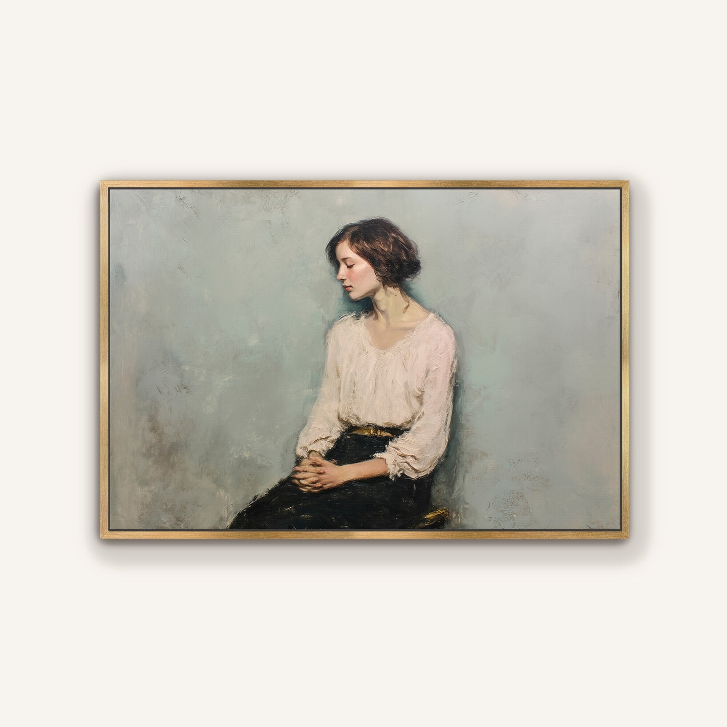 Seated woman portrait in warm gold frame, refined artwork for luxury-inspired interiors.