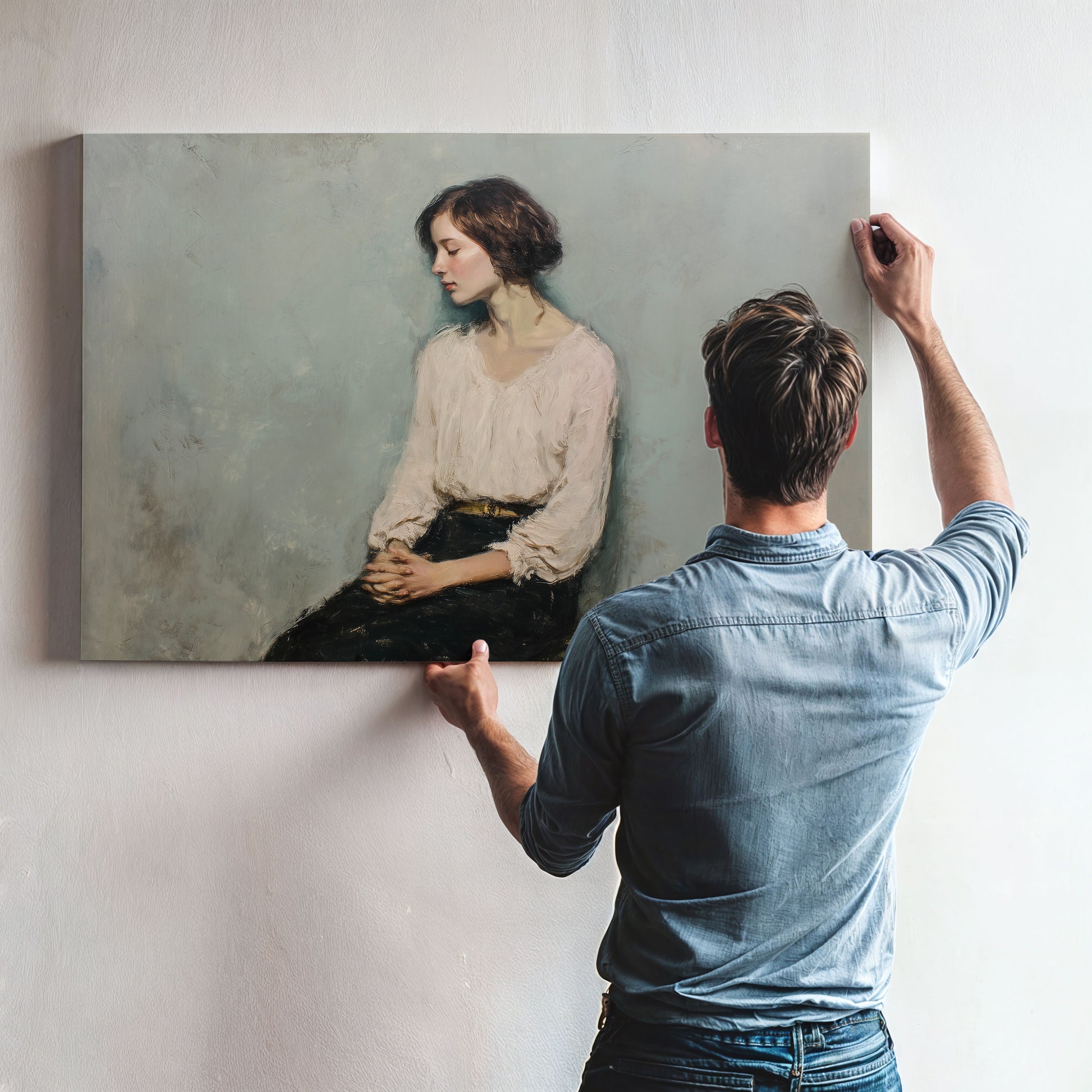 Unframed portrait of a woman being hung on a wall by a man in a denim shirt.