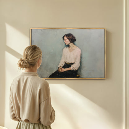 Woman standing in front of framed contemplative portrait, sunlight casting across a beige wall.