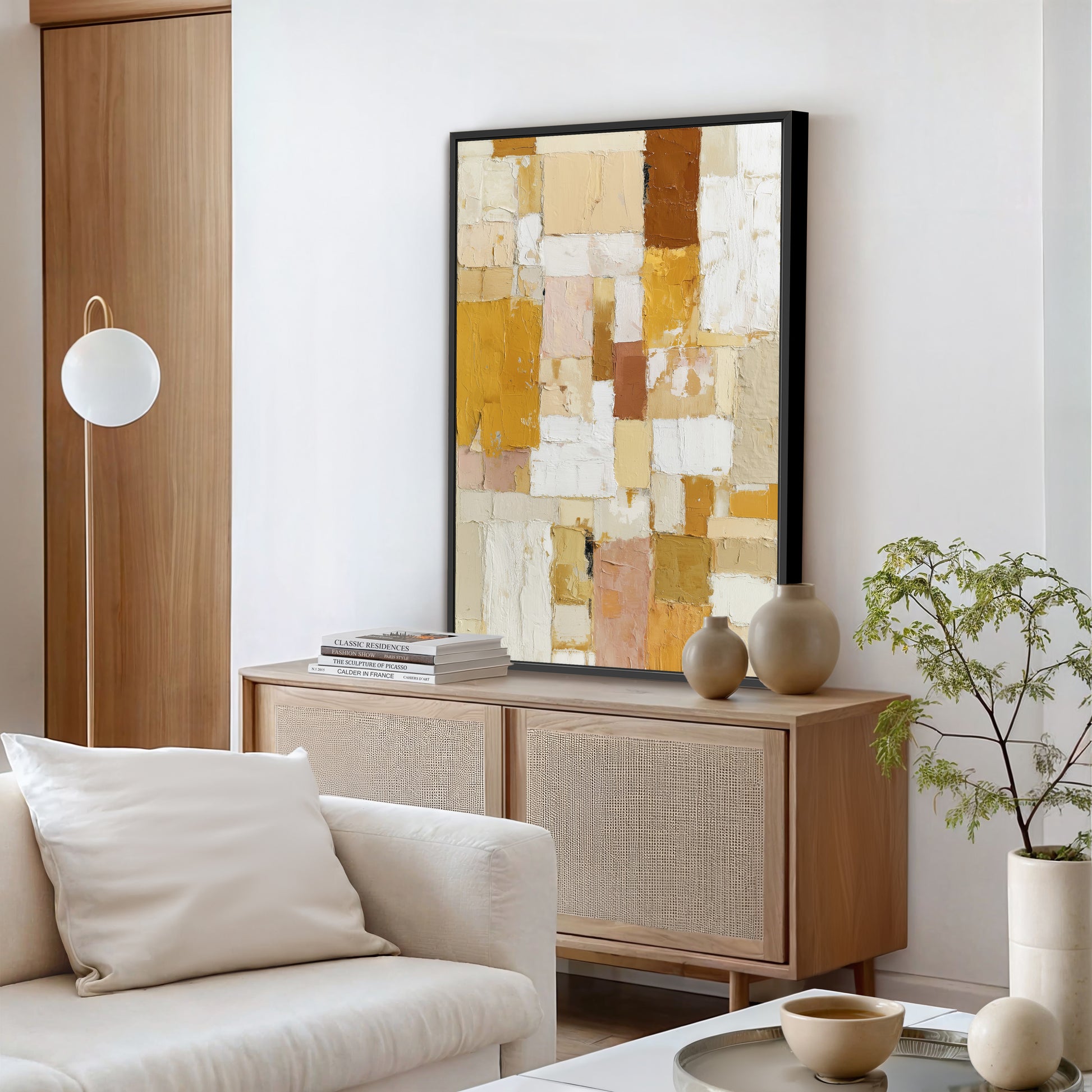 Contemporary abstract wall art with bold geometric brushstrokes in gold, beige, and white.
