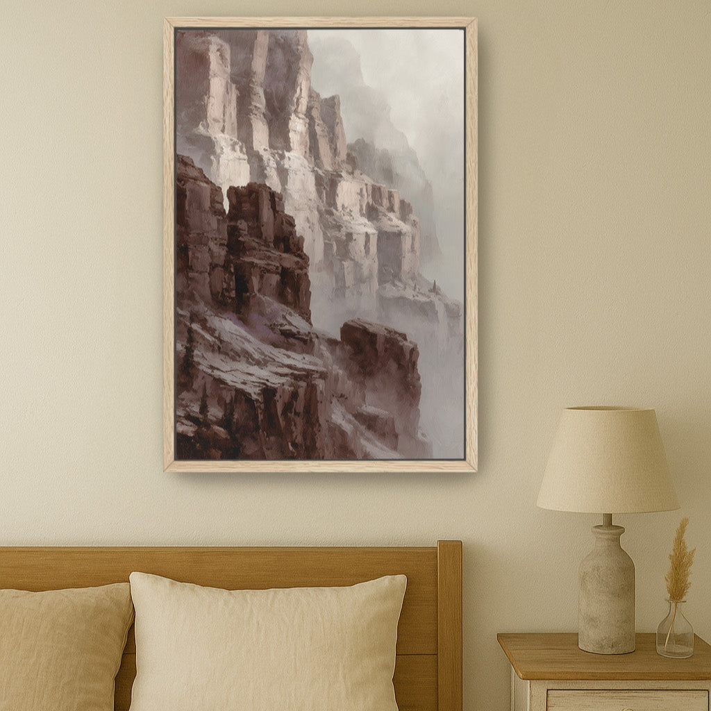 Cozy bedroom with canyon cliff painting in a light wood frame above bed.
