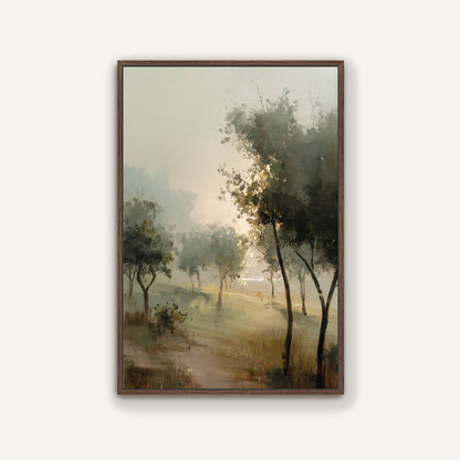 The image is a painting of a forest scene with trees and a path in the distance.