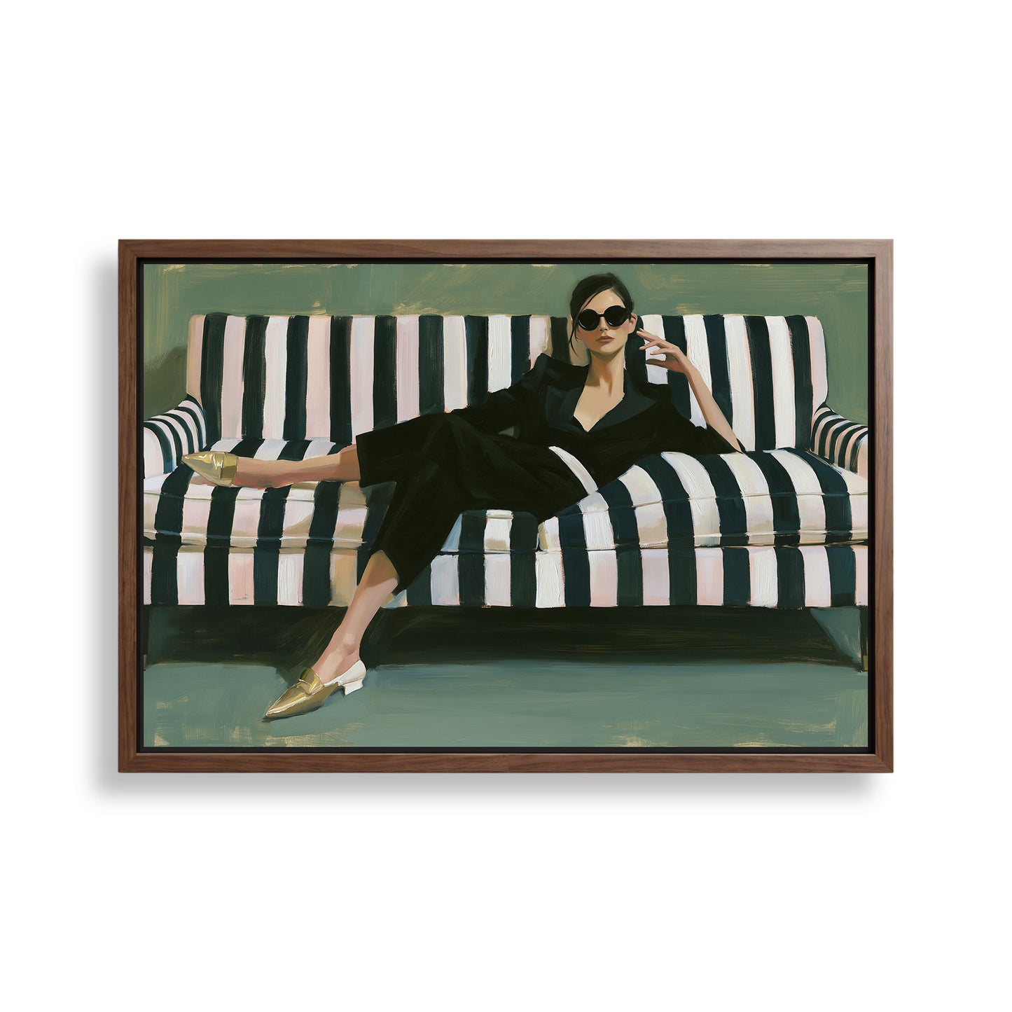 A woman in a black outfit is sitting on a striped couch, with her legs crossed and her hand resting on her chin.