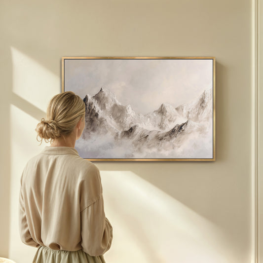 A woman stands in front of a large painting of a mountain landscape, gazing at it with interest.