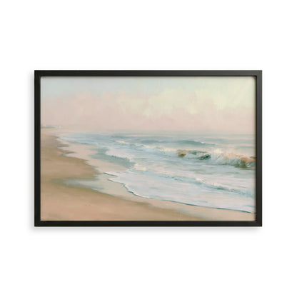 a serene beach scene with waves gently lapping against the shore, creating a tranquil atmosphere.