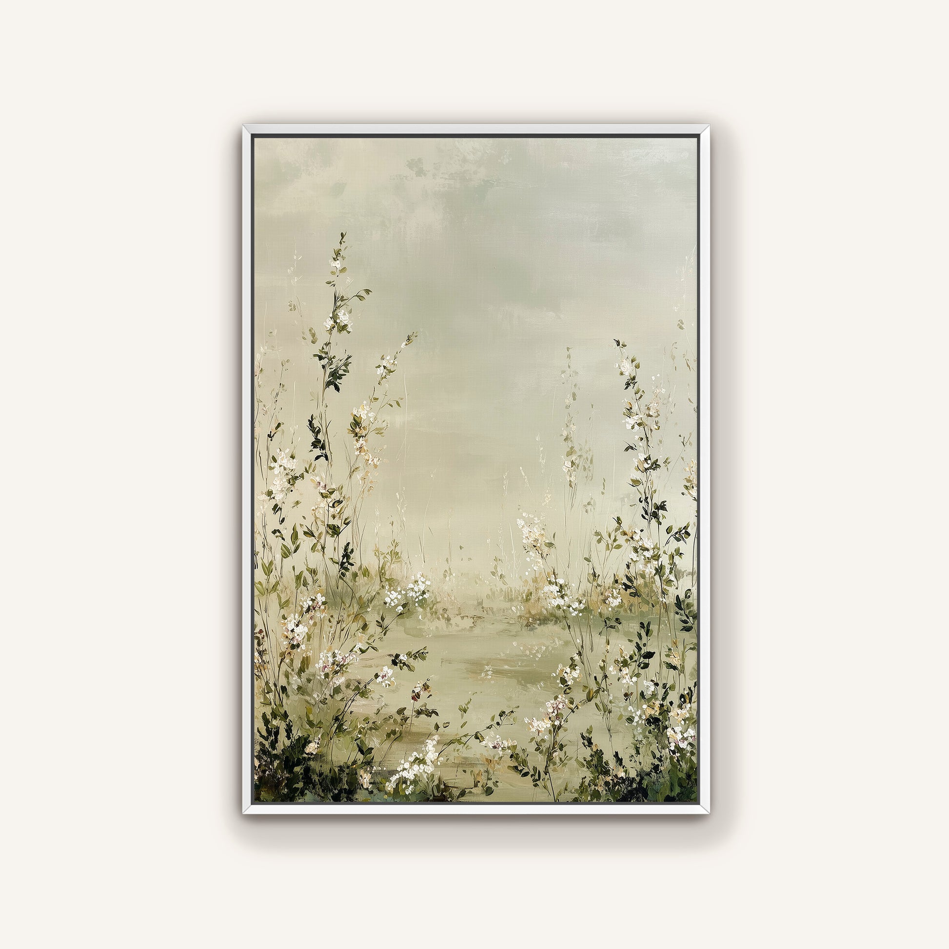 The image is a painting of a field with tall grass and delicate white flowers, set against a cloudy sky.